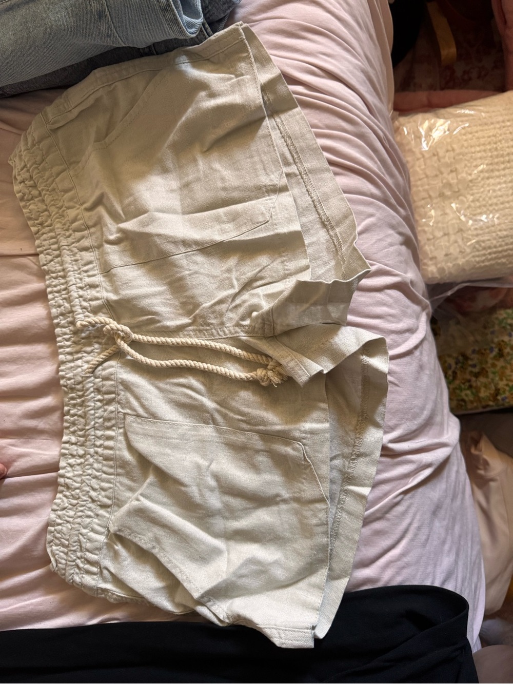 Roxy Light Beige Elastic-Waist Drawstring Athletic Shorts